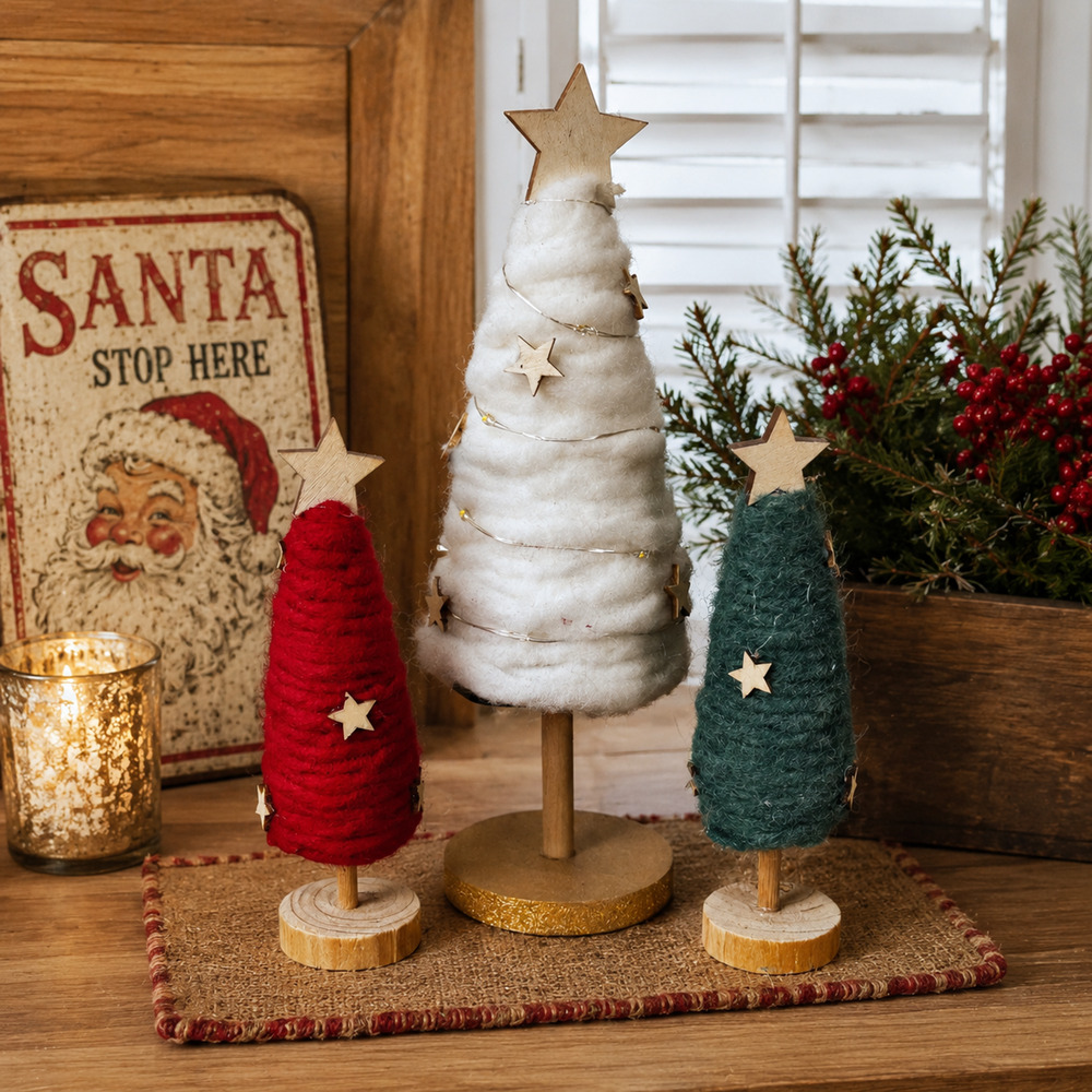 Christmas Trees Set of 3 Green White Red Lights Wood Base Yarn Wrapped